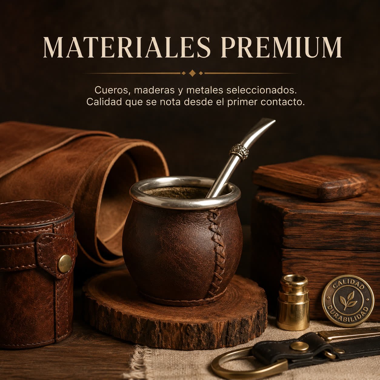 Materiales Premium — Cueros, maderas y metales
